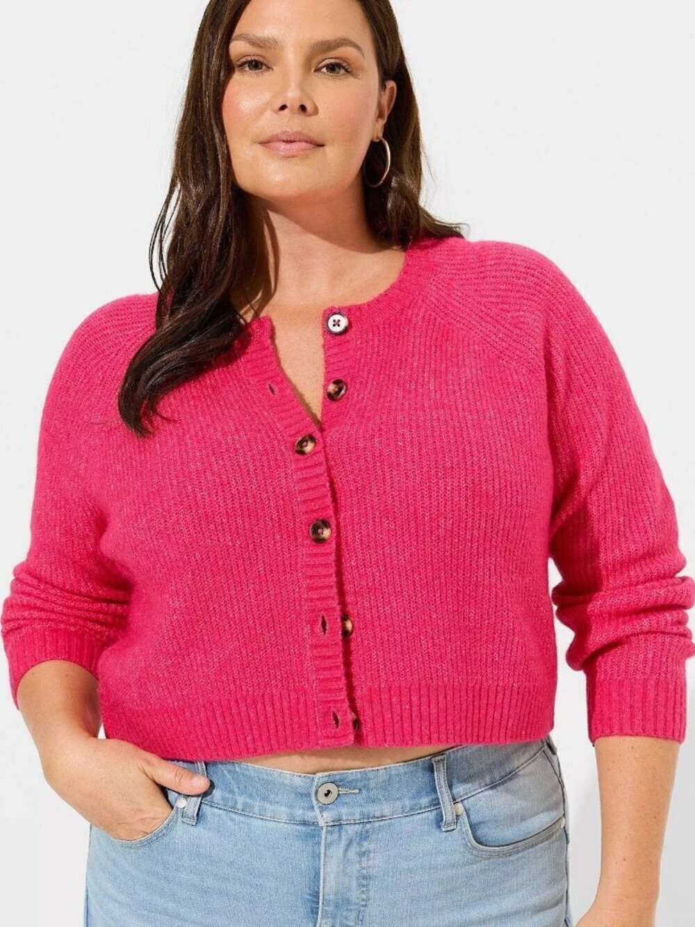 TORRID 0 Plus Size Vegan Cashmere Crop Cardigan Sweater Hot Pink Knit Barbiecore